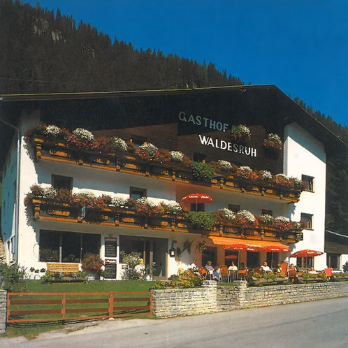 Das historische Hotel Waldesruh mit Blumenkästen, Balkonen und Terrasse vor Bergwald.