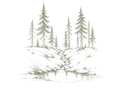 The sketch shows several pine trees and a dense mountain forest in a stylized drawing.