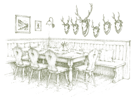 A sketch shows a dining area with several tables, chairs and decorative wall elements.