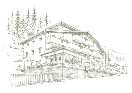 Sketch of a hotel building with a balcony and wooden railing, surrounded by trees.